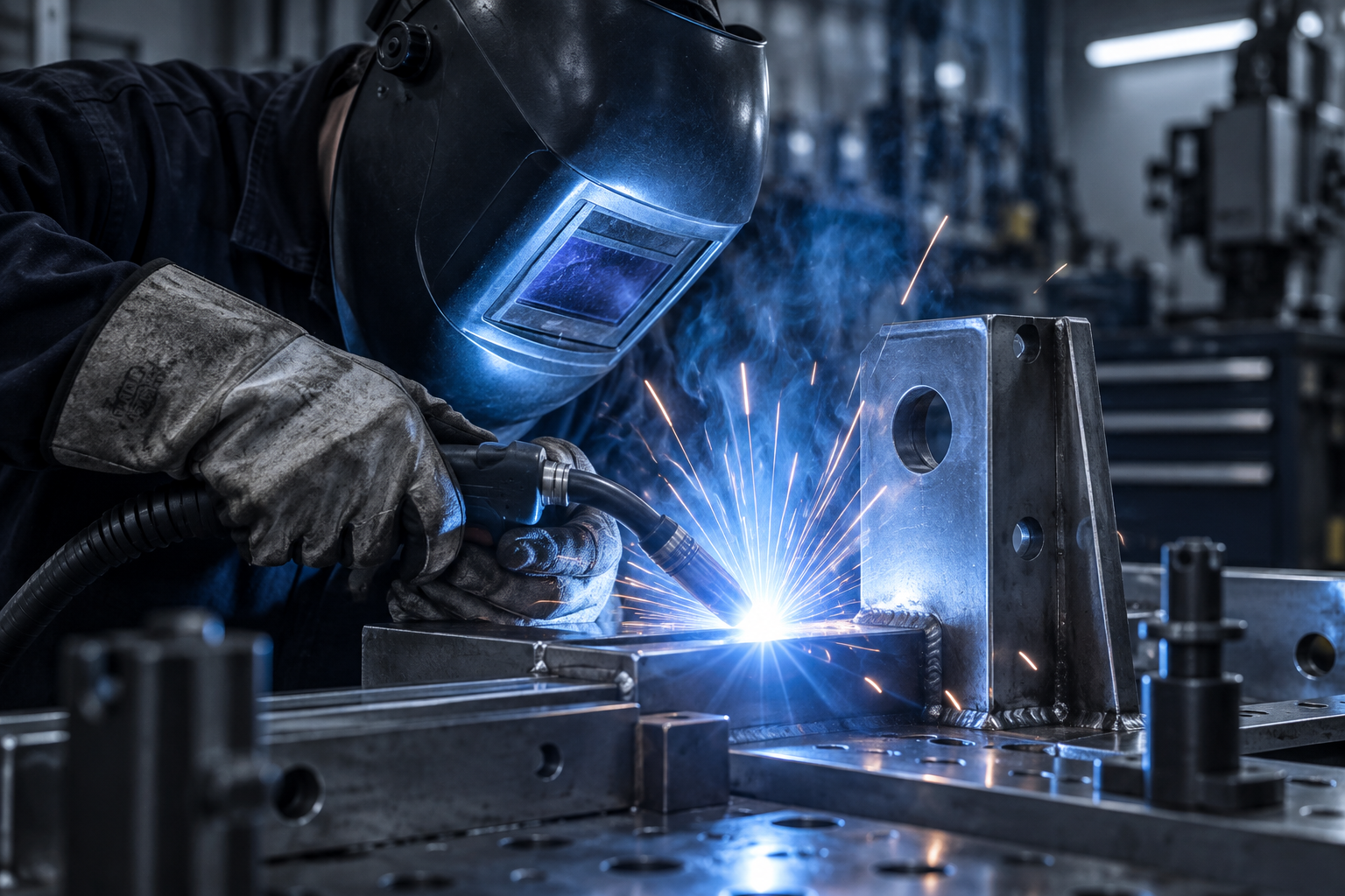 Welder fabricating a metal assembly