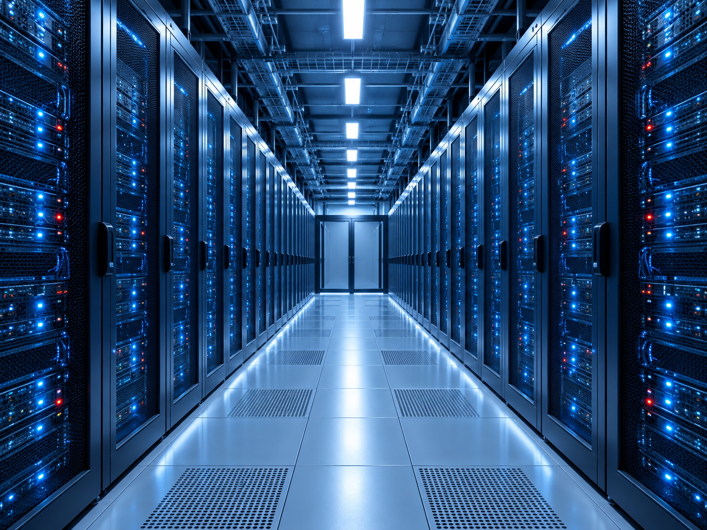 Blue-lit data center aisle